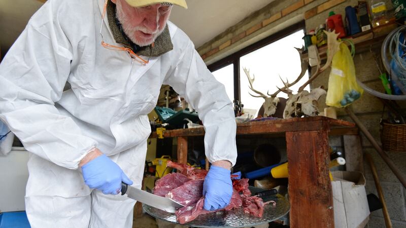 Deer hunter John Lalor butchering the carcass of a deer at his home for personal use. Photograph: Alan Betson