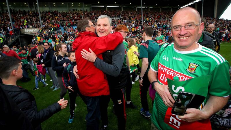 Mayo manager  James Horan celebrates at the full time whistle following the victory over Donegal. Photograph: Ryan Byrne/Inpho