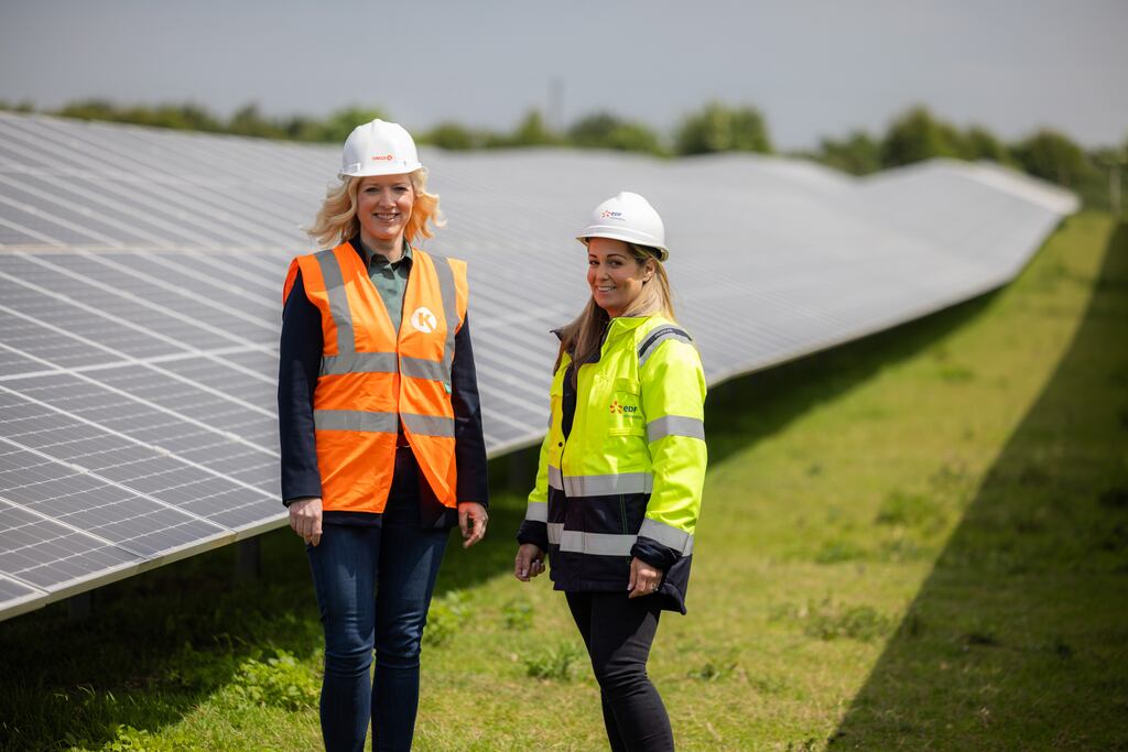 At EDF Renewables’ Curraghmartin solar farm in Co Kilkenny were Circle K Ireland managing director Ciara Foxton (left) with Ryanne Burges, director for offshore and Ireland at EDF Renewables UK and Ireland. Photograph: Naoise Culhane