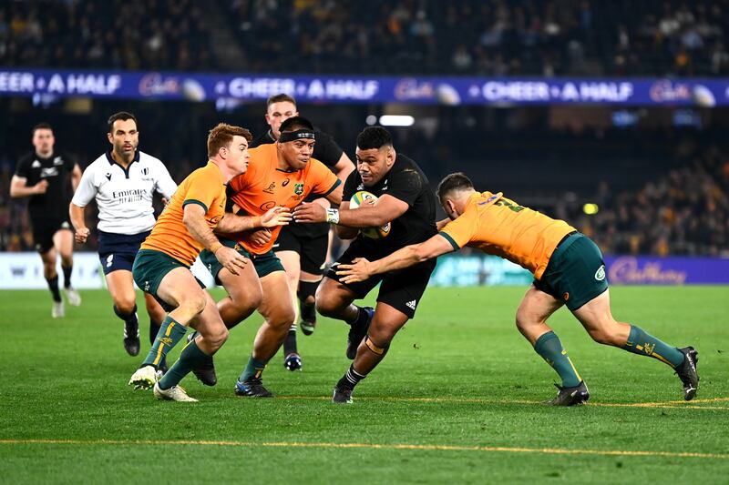 New Zealand's Samisoni Taukei’aho dives over to score a try during the Rugby Championship and Bledisloe Cup match against New Zealand at Marvel Stadium in Melbourne. Photograph: Hannah Peters/Getty Images