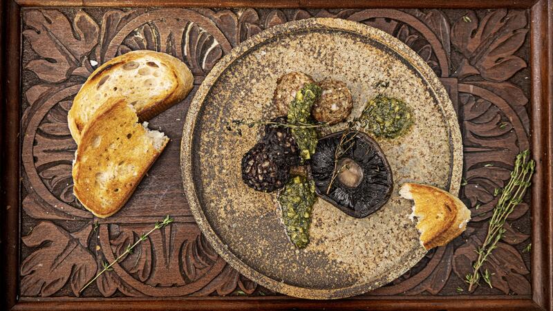 Field mushrooms, black and white pudding, Coolea cheese and kale pesto. Photograph: Harry Weir
