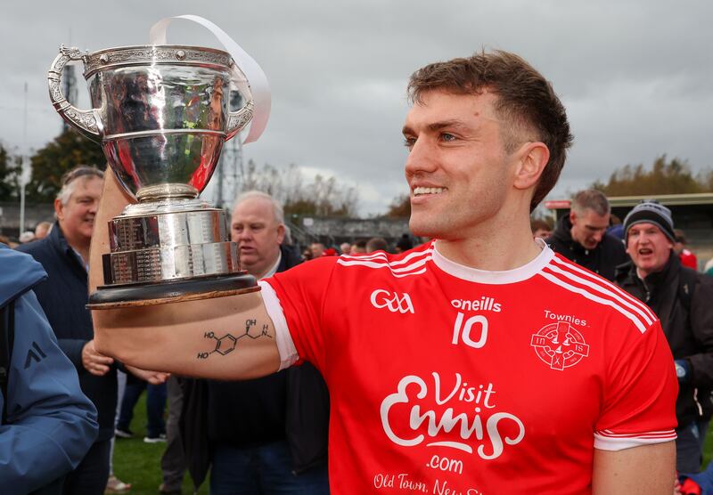 Shane O'Donnell with the Canon Hamilton Cup after Éire Óg's win over Clooney-Quin in the Clare SHC final. Photograph: Natasha Barton/Inpho