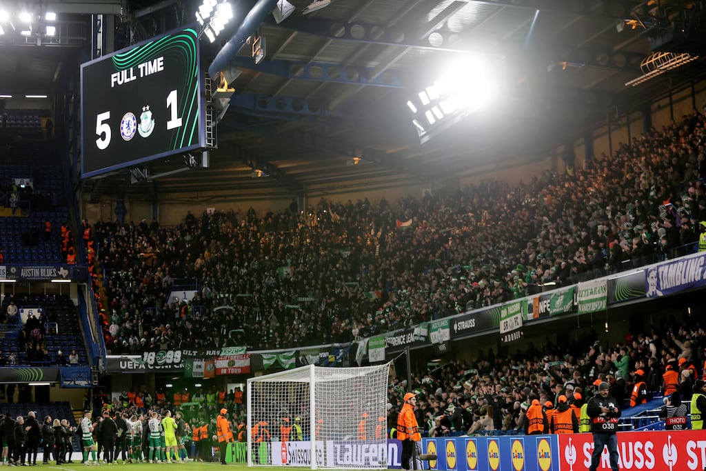 The away end’s rhapsodic ovation at the end for their team – defeated 5-1 – was heartfelt and grateful. Photograph: Laszlo Geczo/INPHO