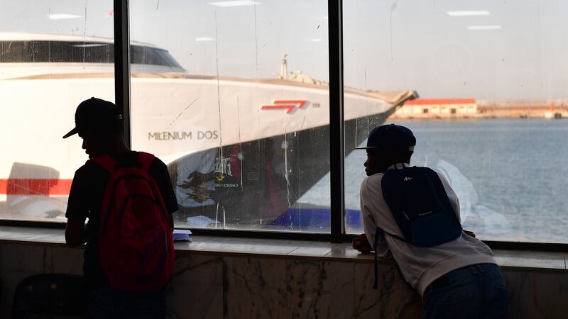 African migrants wait to board a ferry towards Algeciras, the Spanish mainland, in Ceuta, Spain. Photograph: Alexander Koerner/Getty Images