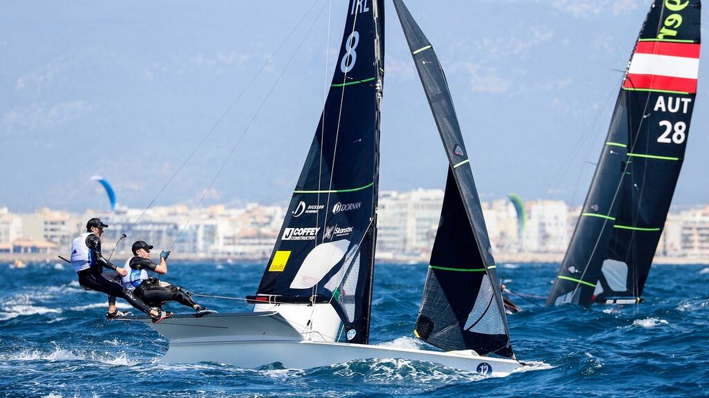 Robert Dickson and Seán Waddilove in action during the 49er skiff class Gold Fleet races at the Trofeo Princess Sofia Regatta on the Bay of Palma in Mallorca. Photograph: David Branigan/Inpho/Oceansport