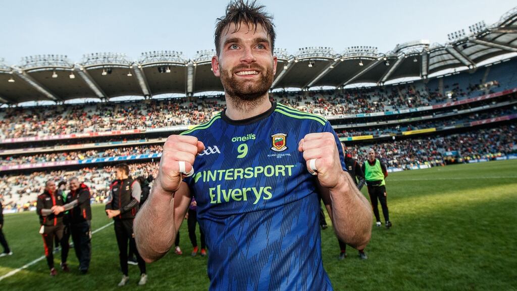 Aiden O’Shea celebrates Mayo’s victory over Kerry. Photograph: James Crombie/Inpho
