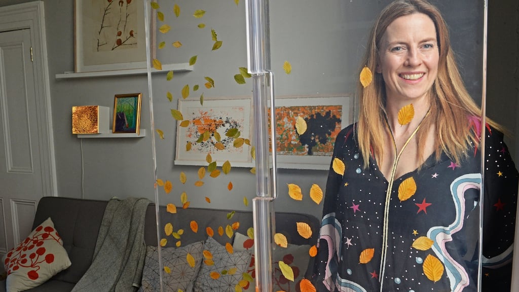Sasha Sykes  at home in Rathgar with “The Month of November” screen. Photograph: Eric Luke