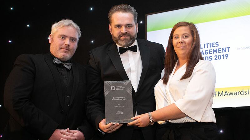 Mark Keeley, Sales Manager, Karcher Ireland presents the Cleaning Service Provider of the Year award to Patrick Ryan & Aisling Ryan, Ryans Cleaning.