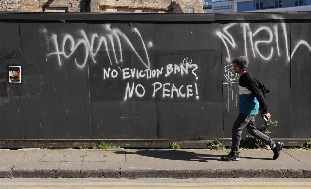Anti-eviction graffiti in Dublin ahead of the Dáil vote on the eviction moratorium on Wednesday, which was carried. Photograph: Niall Carson/PA