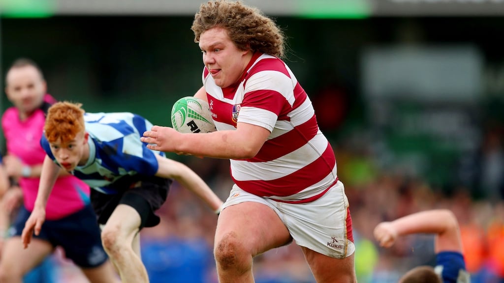 Prop Gary Keane scored Coláiste Iognáid’s first try in their Connacht Schools Cup final win over Summerhill College. Photograph: James Crombie/Inpho