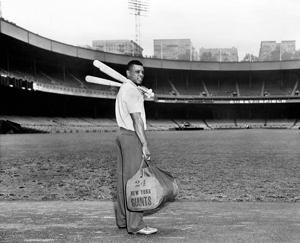 WIllie Mays at the Polo Grounds in New York in 1954. Mays died on Tuesday aged 93. Photograph: Patrick A Burns/The New York Times