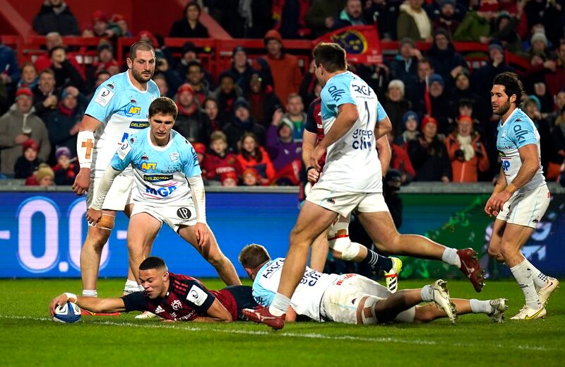 Munster's Shay McCarthy scores his side's first try of the game against Bayonne at Thomond Park. Photograph: Niall Carson/PA Wire