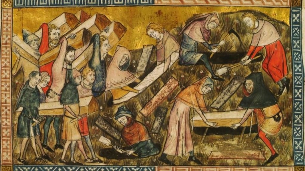 Burying plague victims. Miniature by Pierart dou Tielt (Tournai, circa 1353).