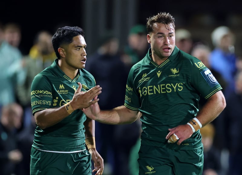 Connacht's Josh Ioane and Shayne Bolton at Dexcom Stadium in Galway on Saturday. Photograph: James Crombie/Inpho