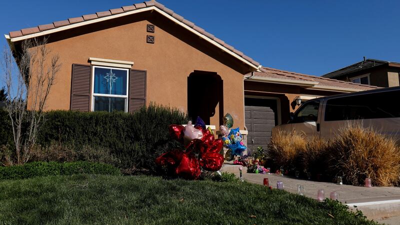Balloons, stuffed animals and flowers are seen in the front yard of the home of David Allen and Louise Anna Turpin January. Photograph: Mike Blake/Reuters