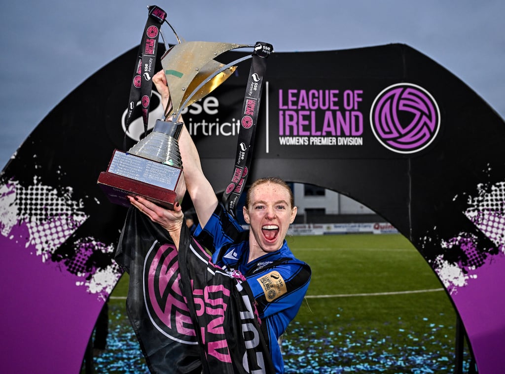 Kelly Brady celebrates with the SSE Airtricity Premier Division trophy after Athlone Town retained their title with a 4-0 win away to Cork City in October. Photograph: Sam Barnes/Sportsfile