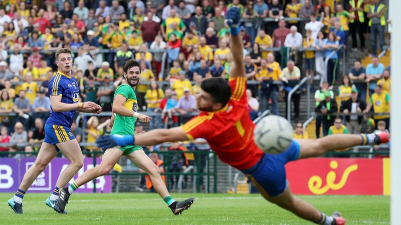 Odhrán Mac Niallais of Donegal has a shot hit off the Roscommon post. Photograph: Tommy Dickson/Inpho