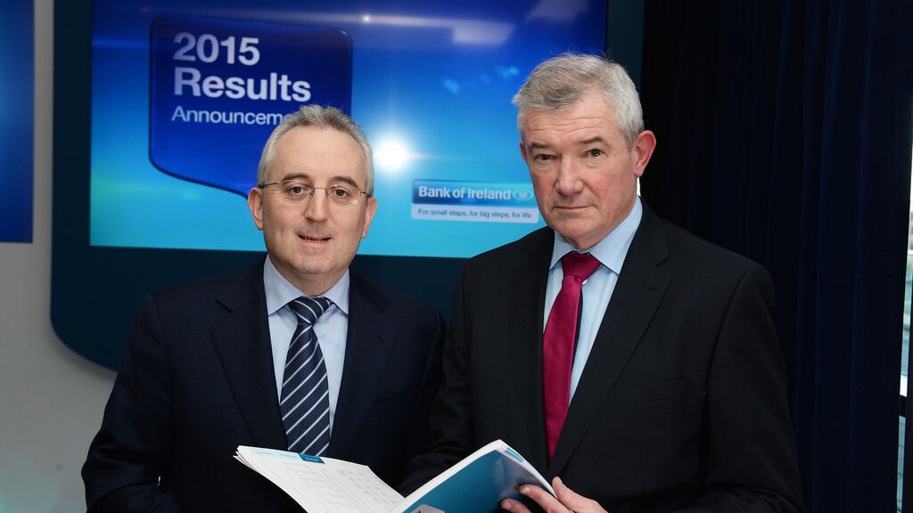 Andrew Keating, chief finance officer and Richie Boucher, chief executive, announcing Bank of Ireland prelim results. Photograph: Cyril Byrne / THE IRISH TIMES