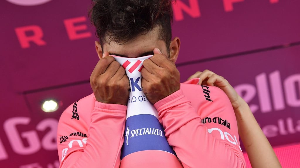 The new overall leader, Colombian rider Fernando Gaviria of Quick-Step Floors. Photograph: Dario Belingheri/EPA