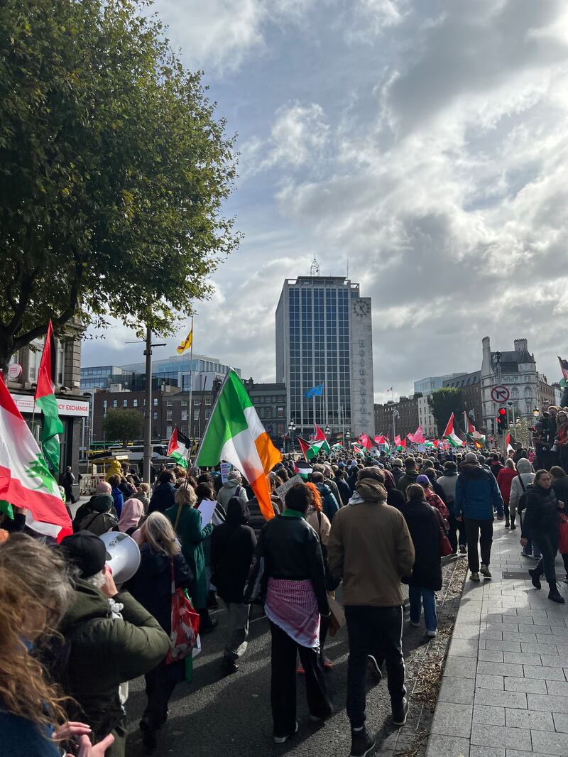 Protesters march towards Leinster House
during Saturday's pro-Palestine rally. Photograph: Cian O'Connell