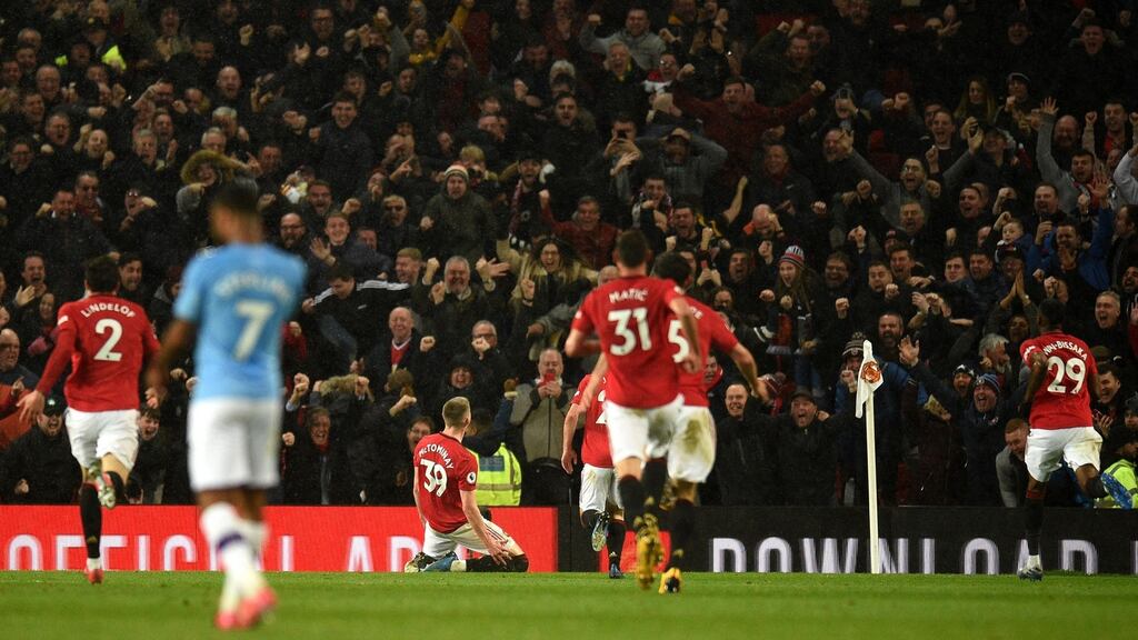 Scott McTominay celebrates after scoring Manchester United’s second against Manchester City. Photograph: Oli Scarff/AFP/Getty