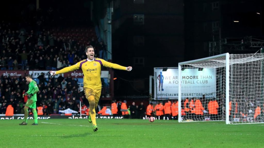 Adrian celebrates after scoring the decisive spot kick in West Ham’s 9-8 penalty win over Everton at Upton Park in the FA Cup third round replay. (Photograph: Nick Potts/PA Wire)