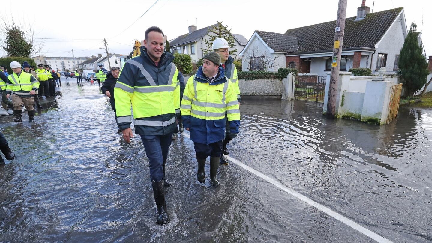 Taoiseach Leo Varadkar and Minister of State Kevin ‘Boxer’ Moran seen during a visit to Athlone to examine the flooding last month. Co. Westmeath. Photograph: PA
