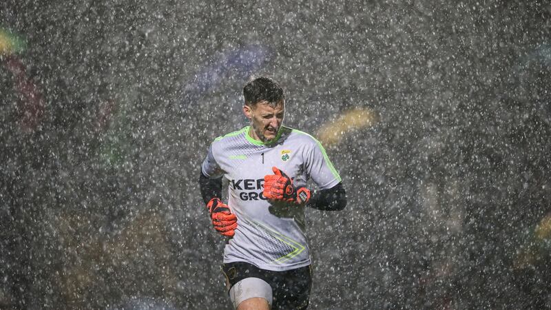 Kerry goalkeeper Brian Kelly battles through a hail shower during the Allianz Football League Division 1 match against Kerry at Austin Stack Park in Tralee. Photograph: Cathal Noonan/Inpho