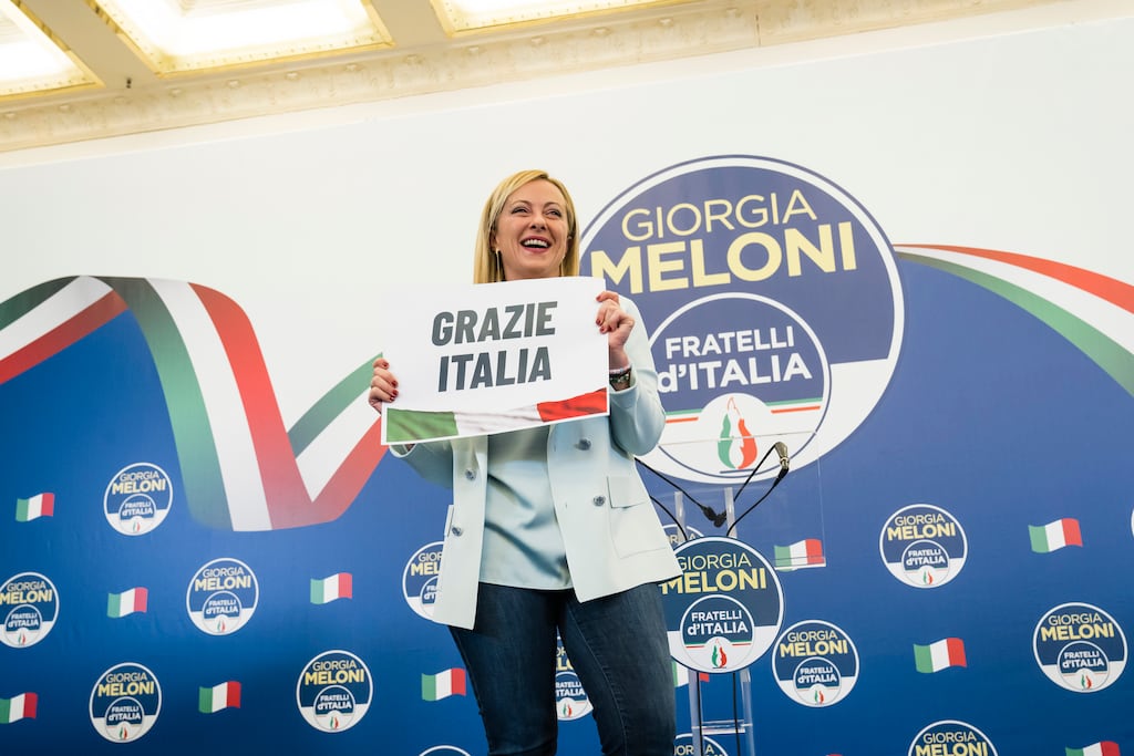 Giorgia Meloni, leader of the hard-right Brothers of Italy party, during a press conference at her party's electoral headquarters in Rome on Monday. Photograph: Gianni Cipriano/The New York Times