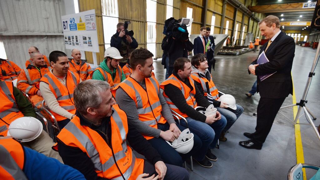 Taoiseach Enda Kenny at Shay Murtagh Concrete Products Raharney, Co Westmeath, on the first day of canvassing in the general election. Photograph: Alan Betson/The Irish Times