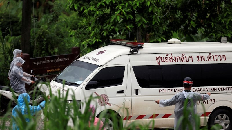 An ambulance departs from Tham Luang cave complex in the northern province of Chiang Rai, Thailand on July 10th, 2018. Photograph: Soe Zeya Tun/Reuters