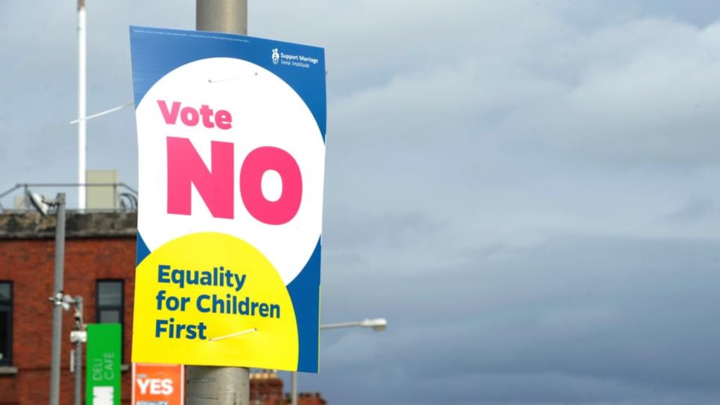 ‘Wildly exaggerated fear tactics’: A poster advocating a No vote in the marriage referendum. Photograph: Aidan Crawley