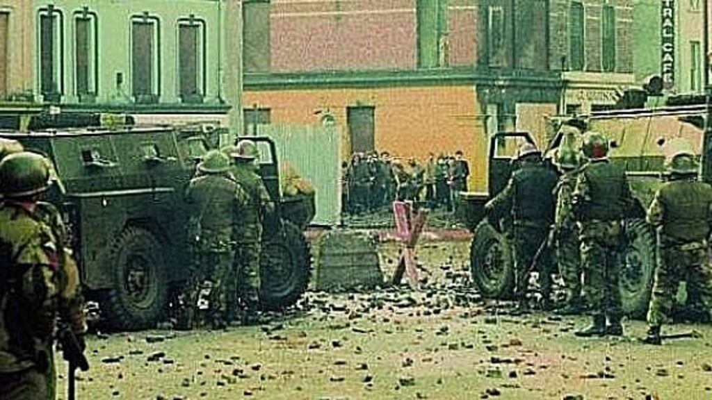 People confront British soldiers on William Street in Derry minutes before paratroopers opened fire, killing 14 civilians on Bloody Sunday. File photograph: Getty