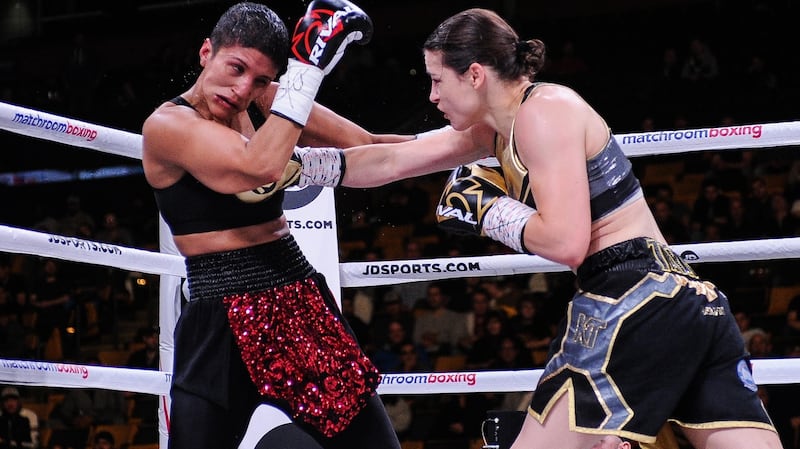 Katie Taylor lands another blow on Cindy Serrano during the fight in Boston. Photograph: Emily Harney/Inpho