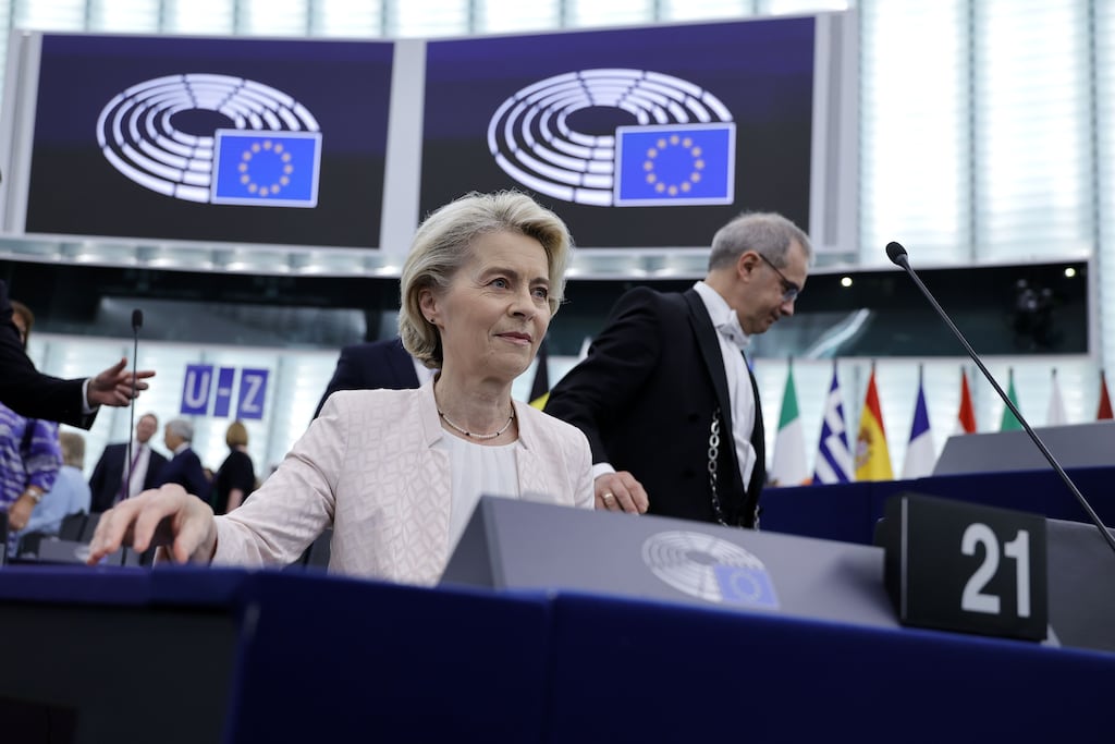 Outgoing European Commission president and candidate for re-election Ursula von der Leyen at the European Parliament in Strasbourg, France Thursday morning. Photograph: Ronald Wittek/EPA