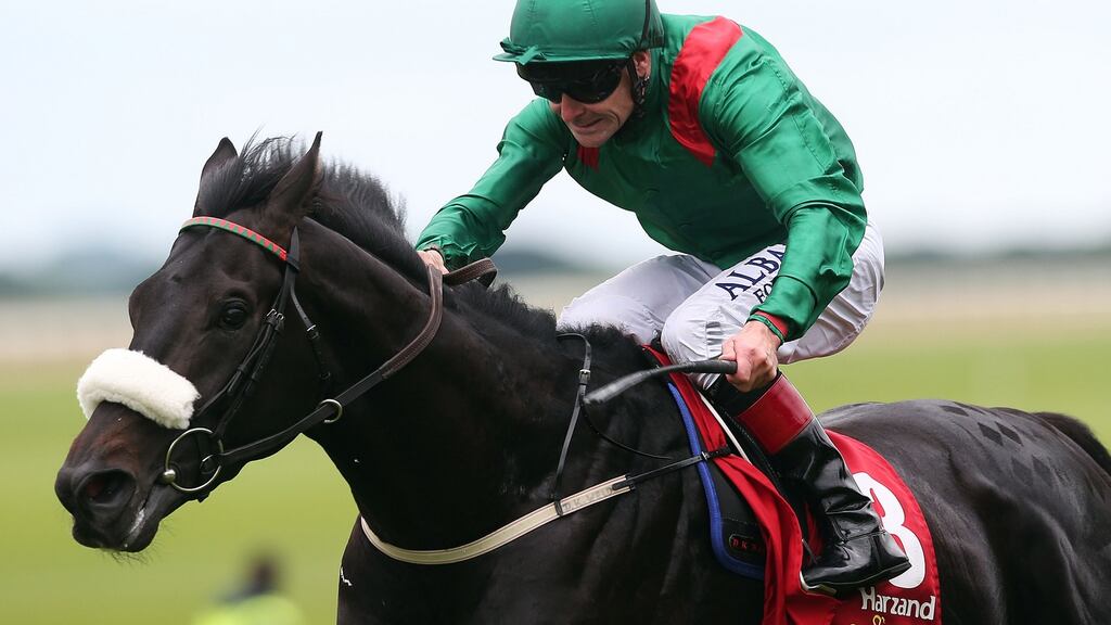 Pat Smullen, seen here winning the Irish Derby on Harzand last year, will ride Cracksman at the Curragh this weekend. Photograph: Lorraine O’Sullivan/Inpho
