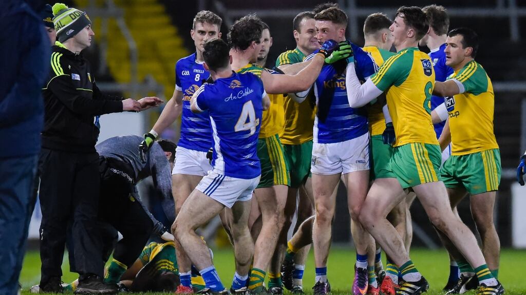 Cavan’s Ciaran Brady argues with Michael Murphy of Donegal during their Allianz League Division One clash. Photo: Tom Beary/Inpho