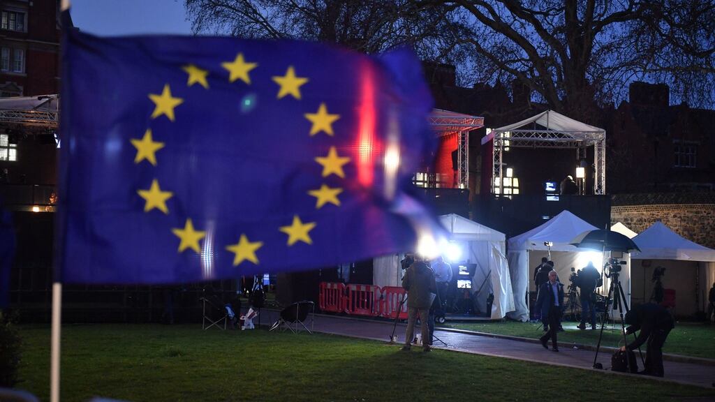 Television broadcasters on Abingdon Green in Westminster, London, as a motion of no confidence in the British government was debated in the parliament nearby. Photograph: Dominic Lipinski/PA