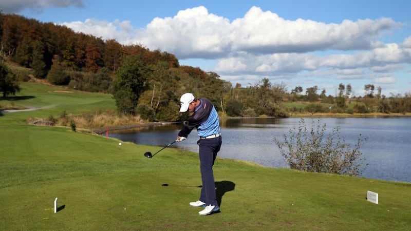 France’s Robin Sciot-Siegrist hits his tee shot on the 13th hole during the third round of the Monaghan Irish Challenge event at Concra Wood Golf Club in Castleblaney, Ireland. Photograph: Luke Walker/Getty Images