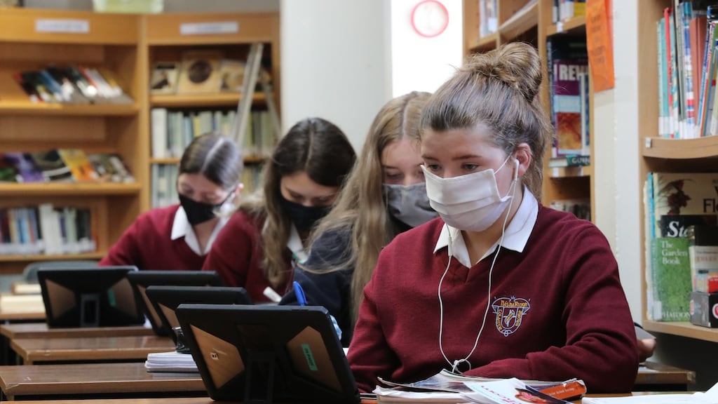 Student Ella Butler during class at St Mary’s College in Naas, Co Kildare. It is using ‘satellite’ classes by splitting large classes into smaller ones. Photograph: Nick Bradshaw