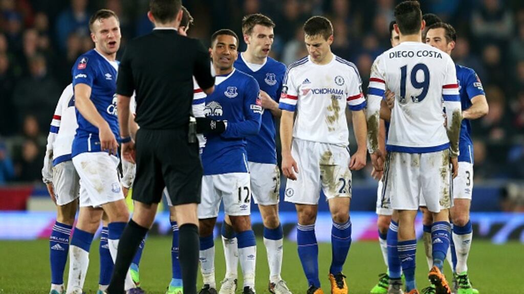 Diego Costa has received an additional one-match ban following his red card in Chelsea’s FA Cup defeat to Everton. Photograph: Getty