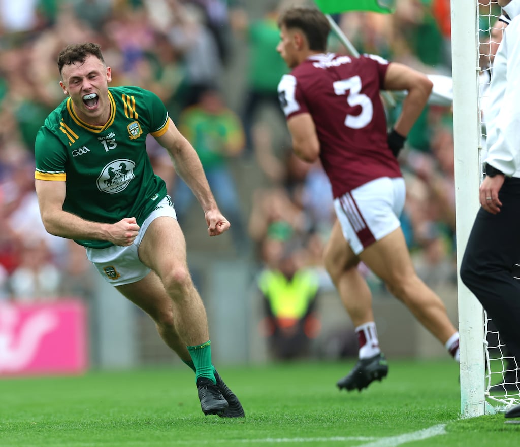 Jordan Morris celebrates scoring Meath's second goal against Galway in last weekend's All-Ireland SFC quarter-final. Photograph: James Crombie/Inpho