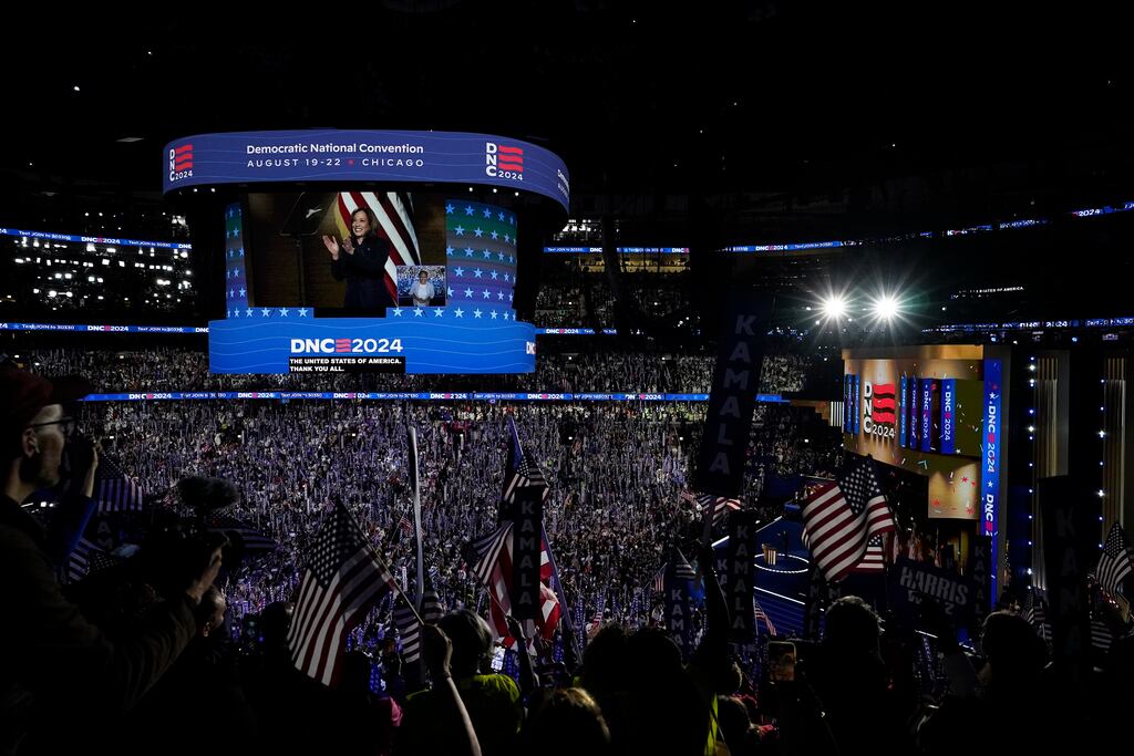 US vice-president Kamala Harris, the Democratic presidential nominee, on stage the Democratic National Convention in Chicago, on Thursday. Photograph: Kent Nishimura/The New York Times