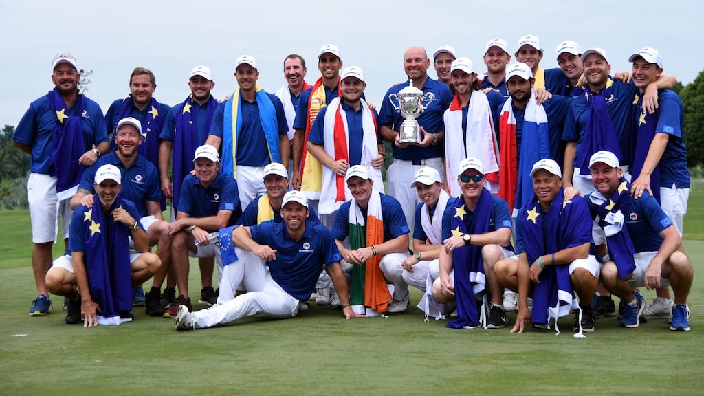 Captain Thomas Bjorn and the Europe team pose with the trophy following their victory in the 2018 EurAsia Cup in Kuala Lumpur. Photograph: Stanley Chou/Getty Images