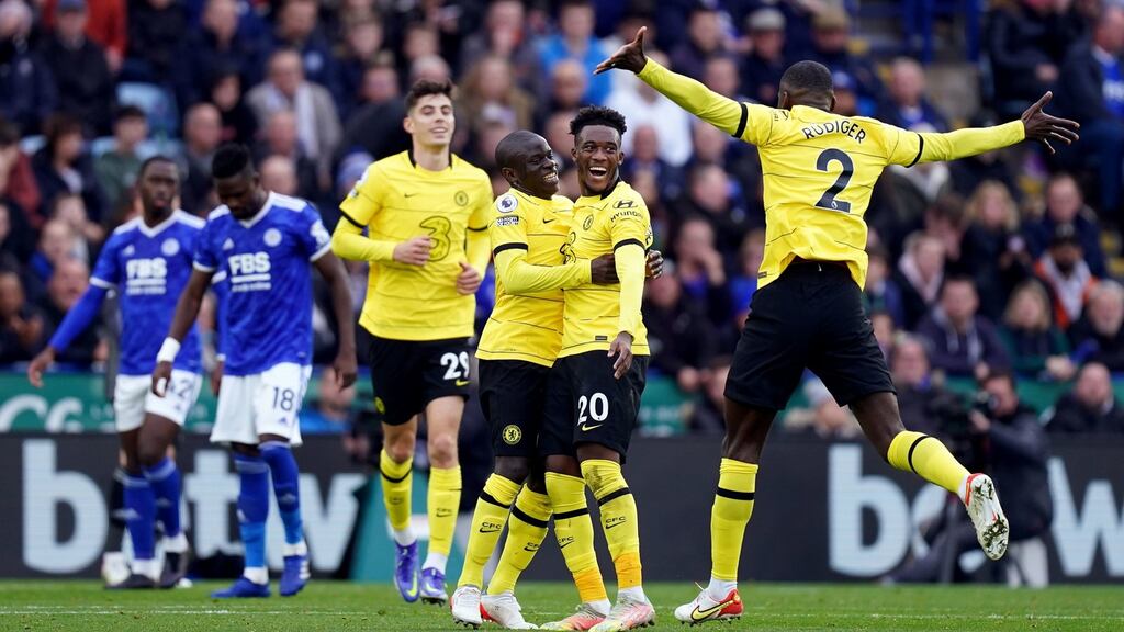 Chelsea’s Ngolo Kante celebrates scoring the second goal of the game with Callum Hudson-Odoi and Antonio Rudiger during the Premier League win over Leicester City at the King Power Stadium. Photo: Mike Egerton/PA Wire