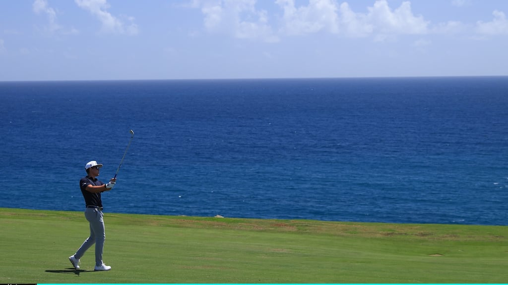 Garrick Higgo of South Africa plays his second shot on the 13th hole during day four of the Gran Canaria Open at Meloneras Golf Club. Photo: Warren Little/Getty Images