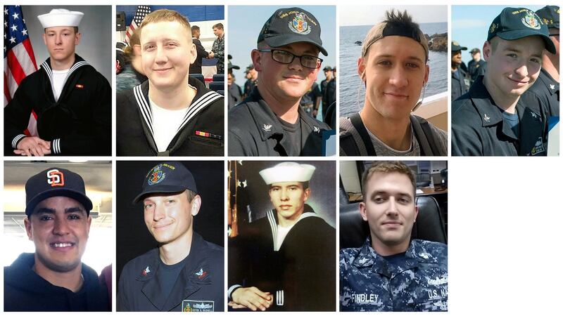 Nine of the sailors who died aboard the USS John S McCain (left to right, from top): Kenneth Aaron Smith, Logan Stephen Palmer, John Henry Hoagland III, Dustin Louis Doyon, Jacob Daniel Drake, Timothy Thomas Eckles jnr, Kevin Sayer Bushell, Abraham Lopez, Charles Nathan Findley. Photographs: US Navy/Handout via Reuters