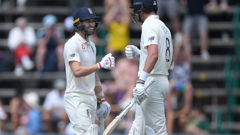 Mark Wood and Stuart Broad put on 82 for England’s final wicket at the Wanderers. Photograph: Stu Forster/Getty