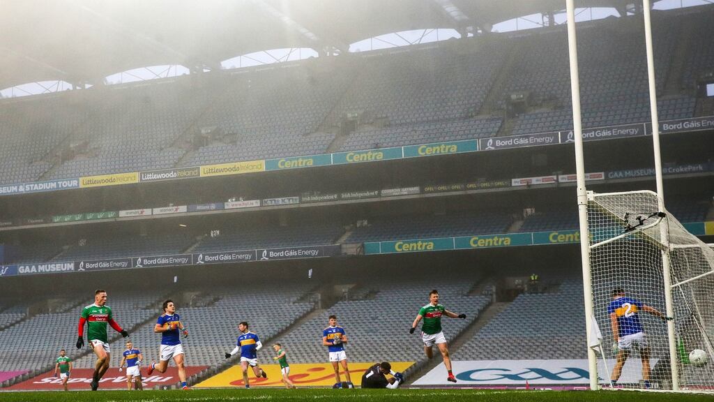Mayo’s Cillian O’Connor scores his side’s second goal of the game during the All-Ireland SFC semi-final win over Tipperary. Photo: Ryan Byrne/Inpho