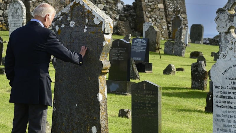 Joe Biden at the headstone of the Finegan family at Kilwirra Templetown, Co Louth: has a knack of knowing which way the wind is blowing on social issues. Photograph: Cyril Byrne